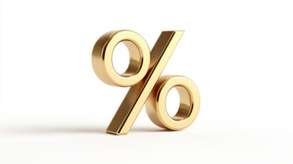 A shiny gold percentage symbol stands on a white surface, symbolizing finance, discounts, and statistics in a sleek and modern design.