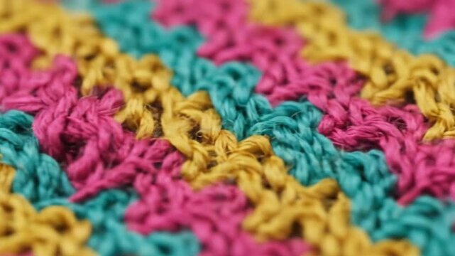 Close up of colorful crocheted pattern with pink yellow and blue yarn displaying intricate design