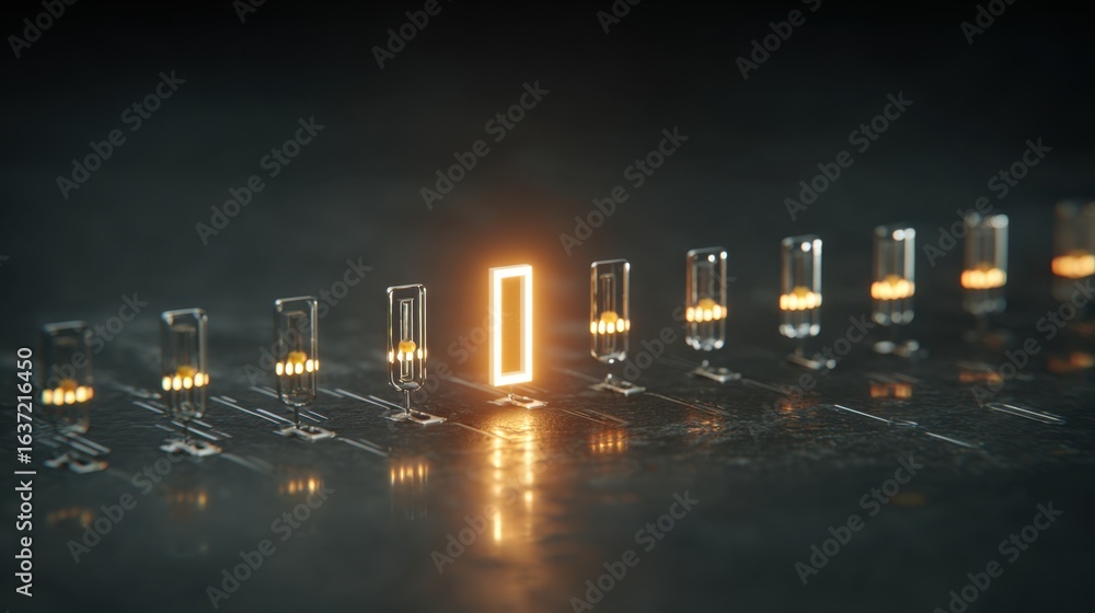 Poster a glowing rectangular light stands out among a row of illuminated glass tubes, creating a striking v