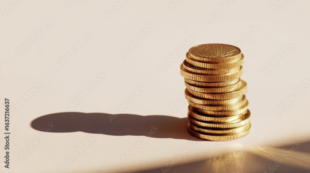 Poster a stack of golden coins casting a shadow, symbolizing wealth and prosperity in a minimalist setting.
