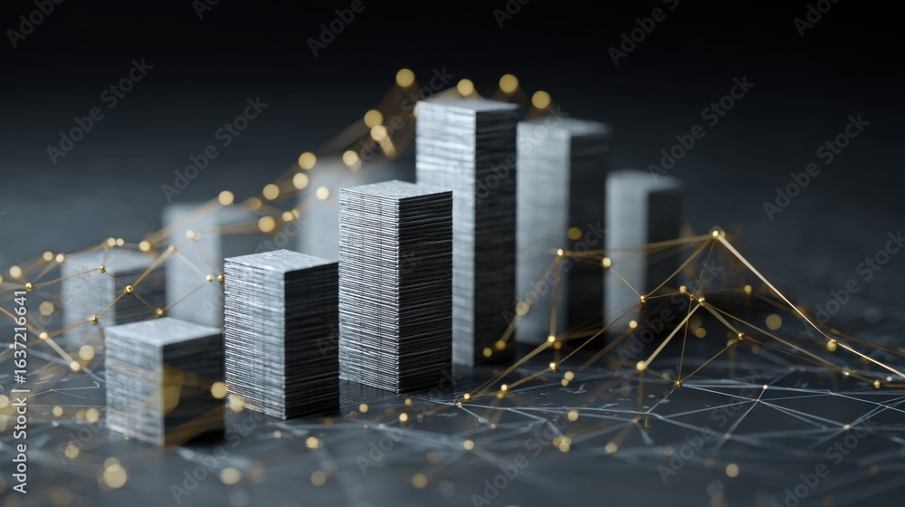 Poster a dynamic 3d visualization of data bars and graphs, depicting financial growth with glowing connecti