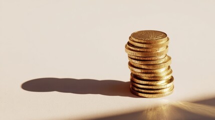 A stack of golden coins casting a shadow, symbolizing wealth and prosperity in a minimalist setting.