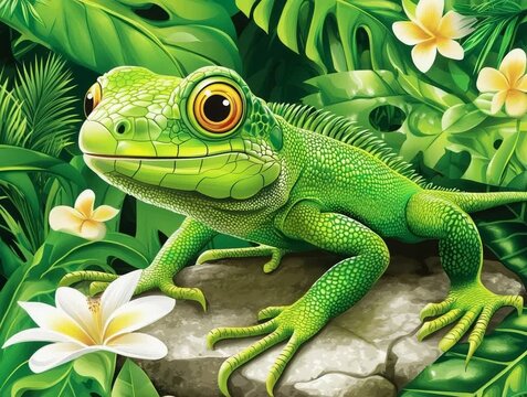Vivid Green Lizard on a Stone Amidst Tropical Flora