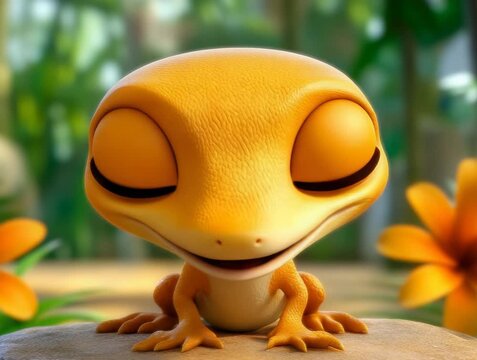 Cute Animated Reptile with Big Eyes and a Gentle Smile