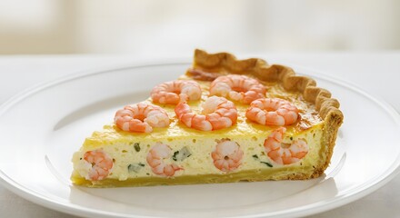 A slice of shrimp quiche on a white plate with a blurred background creating a culinary delight image