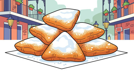 A stack of beignets, dusted with powdered sugar, sits on a paper napkin in a New Orleans street scene.
