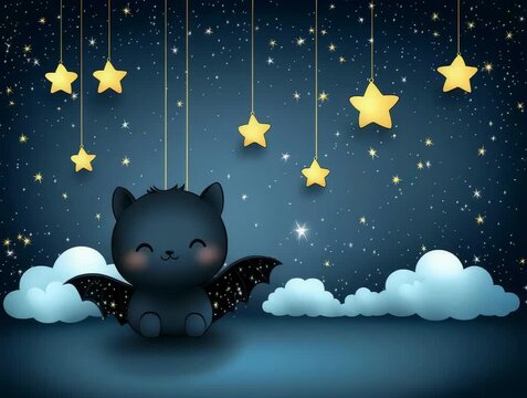 Adorable Night Scene: Cute Cartoon Bat Under a Starry Sky