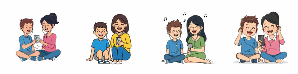 Cartoon Smiling Mother and Son Enjoying Media Together, Family Time Illustration