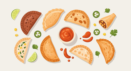 A flat lay illustration of various empanadas and savory pastries with dipping sauce, lime, and jalapeños.
