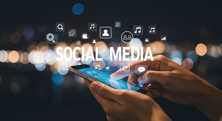 Digital Connections: A hand interacts with a mobile device against a backdrop of blurred city lights and social media icons, exploring a dynamic digital landscape.