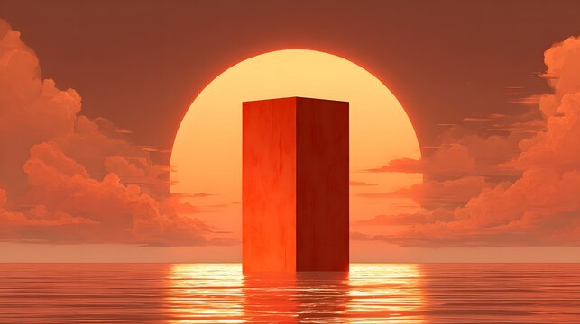 A red cube stands on the water at sunset.