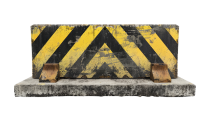 A weathered, horizontal barrier with yellow and black warning stripes