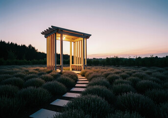 Obraz premium scene of a glowing wooden pergola in a thyme garden