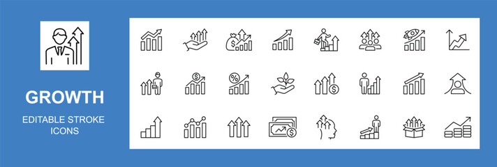 Growth icon set. Growth and Success symbol collection. Grow, Upskill. financial growth, arrows up. performance, development, improvement, grow, chart, increase. Editable Stroke. Vector illustration.