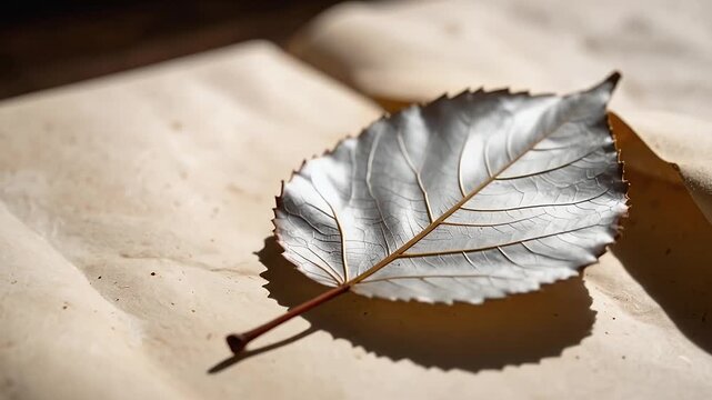 Dried leaf on beige surface close up