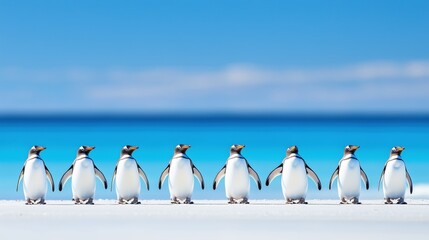 Rockhopper Penguins Line Up on the Beach