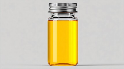 Clear glass jar filled with vibrant yellow liquid on gray background