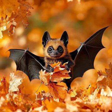 Adorable Bat Holding Autumn Leaves in a Golden-Hued Fall Setting