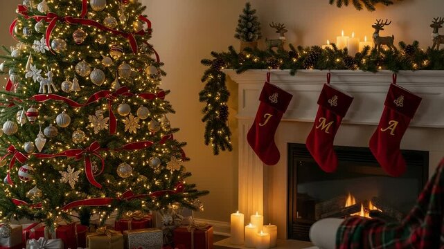 JMA stockings hanging on the fireplace. Cozy Christmas scene with a decorated tree, presents, and a warm fire. Festive holiday decorations in a living room.