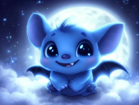 Adorable Cartoon Creature with Big Eyes Against a Night Sky
