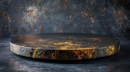 Circular stage podium with textured surface featuring golden sparkles, set against dark, grungy background. design exudes elegance and sophistication, ideal for presentations or events