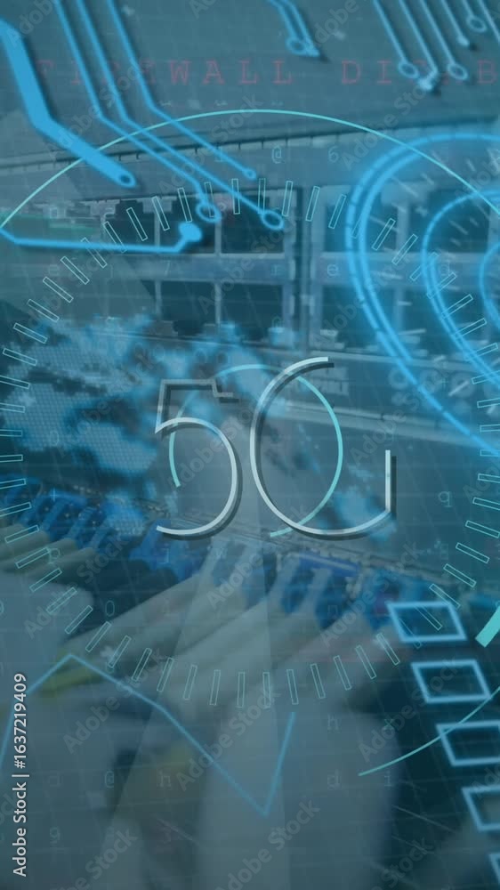 Poster animation of 5g, data processing over caucasian female it engineer fixing cables of computer server