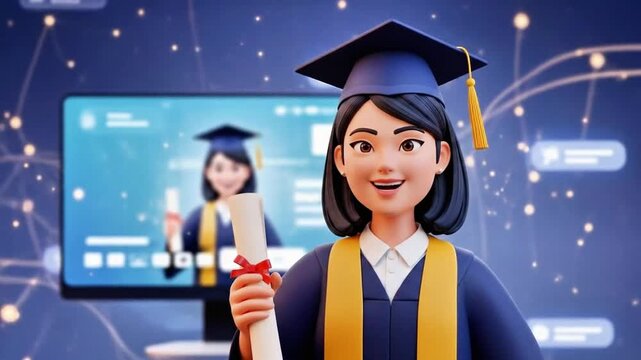 a cartoon graduate celebrates online graduation with diploma and cap and gown