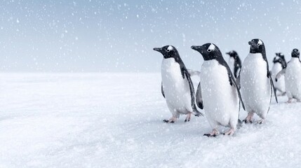Fototapeta premium A group of penguins waddling across an icy tundra, soft snowfall, gentle cold lighting, heartwarming wildlife moment