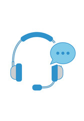 A stylized illustration of a headset with a speech bubble, representing communication and support.