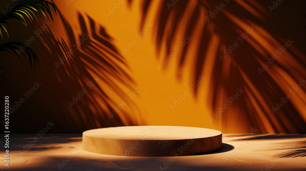 Poster dual tone abstract podium casts intriguing shadows from palm leaves against vibrant orange wall, cre