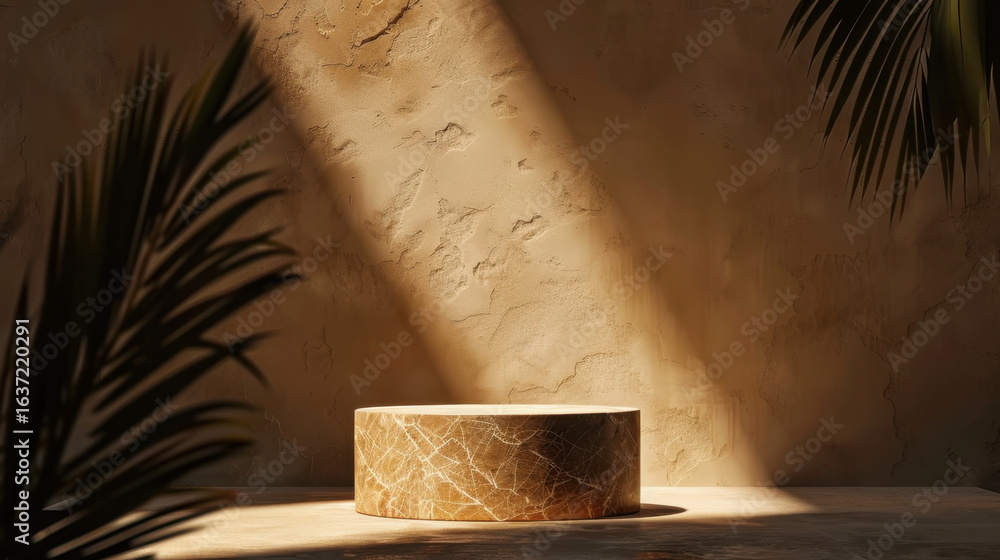 Poster serene dual tone abstract podium illuminated by soft shadows from surrounding plants, creating tranq