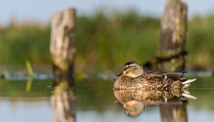 A duck floats serenely on a tranquil lake