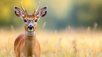 Roe deer, capreolus capreolus, buck running on meadow sunlit by evening light in summer nature from front view with copy space. Concept of calling wild animals. Brown mammal with antlers approaching.
