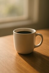 Cangkir kopi putih minimalis di meja kayu Close-up cangkir kopi keramik putih dengan bayangan lembut di atas meja kayu, cahaya matahari pagi masuk dari jendela, latar belakang blur estetis