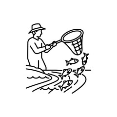 A man fishing with a net catching fish in a river.