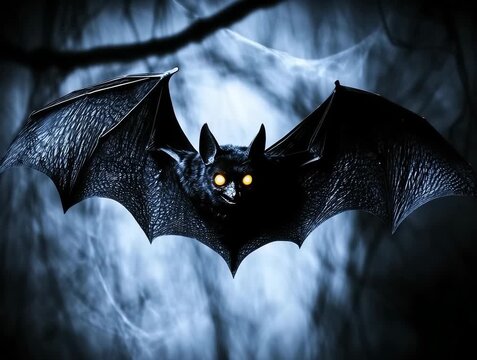 A Black Bat With Glowing Eyes Flying in a Dark and Eerie Background