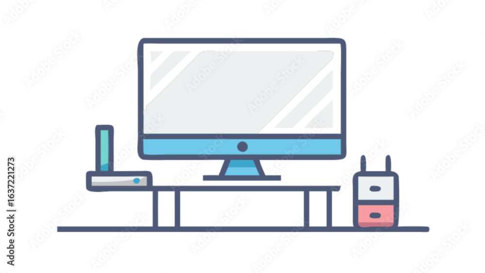 Poster desktop computer setup workstation vector illustration for office desk and home office setup design 