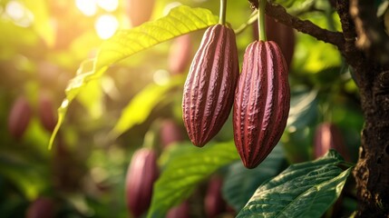 Dark cacao pods on a sunlit tree