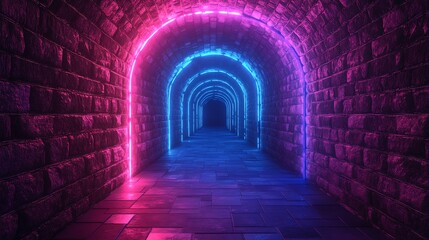 Obraz premium Neon Lit Tunnel with Brick Walls