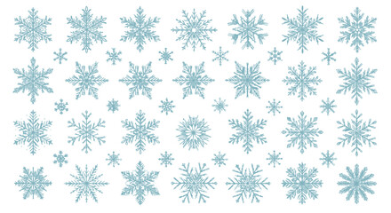 Collection of various detailed snowflake designs in shades of blue, perfect for winter-themed projects.