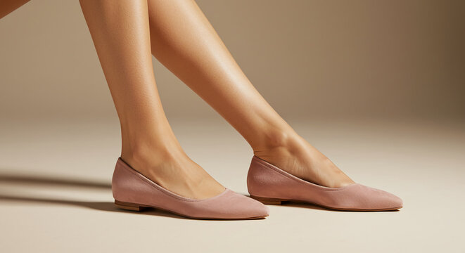 A fashionable woman's legs crossed in the air, wearing comfortable and elegant pink women flat shoes in a sunlit minimalist setting