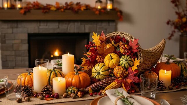 Festive Thanksgiving table setting with a cornucopia centerpiece. Autumn holiday dinner with pumpkins and candles by a cozy fireplace.