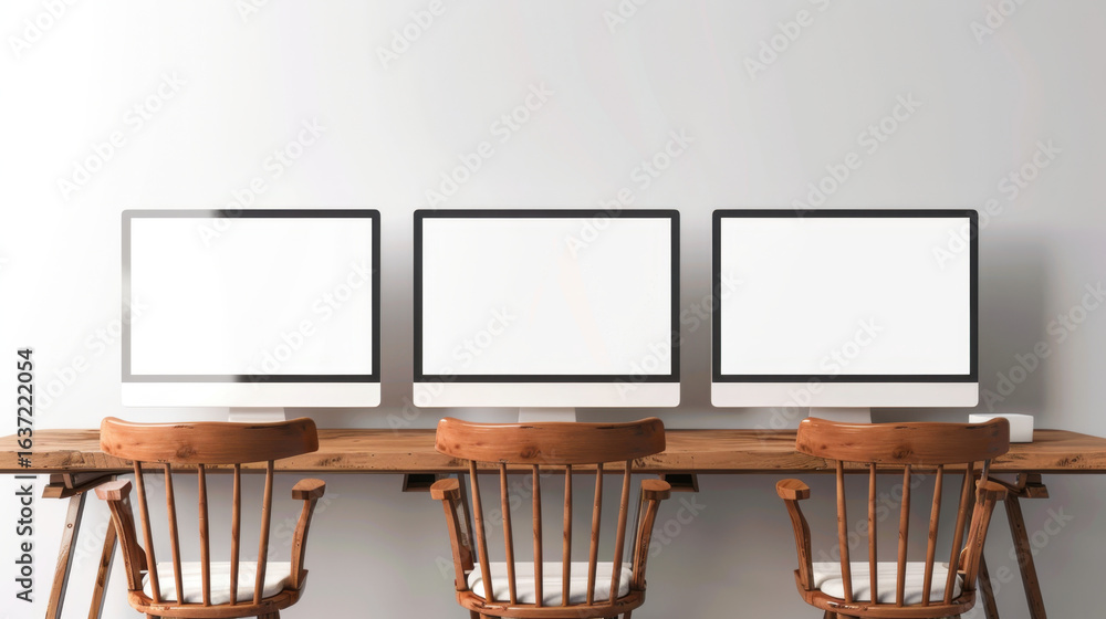 Poster modern workspace features three blank computer screens on wooden desk with stylish chairs, creating 