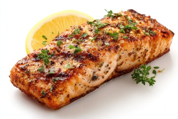Grilled salmon fillet, seasoned and topped with herbs, beside a lemon slice