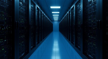 Fototapeta premium Cool Blue Server Room with Dark Racks and Bright Lights