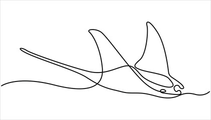 Continuous one line drawing of manta ray. Simple illustration of stingray fish line art vector illustration. One line of stingray. Marine animal concept continuous line art. Editable outline.
