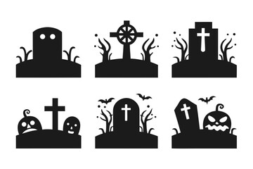 set of halloween graveyard scene silhouette vector illustration