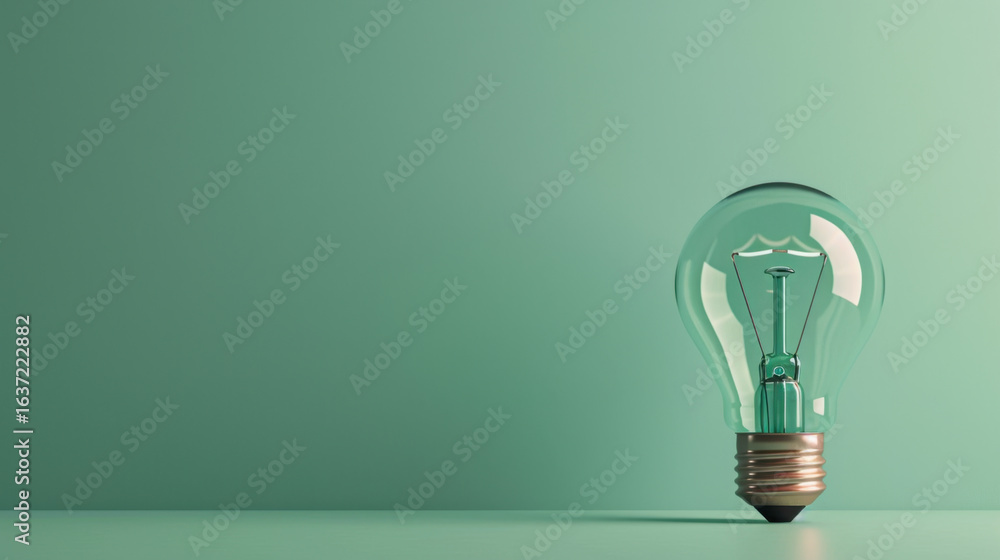 Poster clear lightbulb sits elegantly on soft pastel green surface, showcasing its unique design and energy