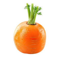 Single, round orange carrot with green sprouts