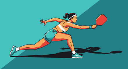 Hand drawn pickleball paddle female player reaching for low shot, dynamic sports vector scene with bold shadows for tournament and event branding                                                       